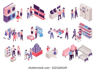 Isometric shop assistant set with sellers helping customers in various stores isolated 3d vector illustration