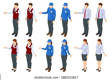 Isometric Shop Assistants in Supermarket Store Isolated on White. Shop Assistant in Headset. Professional Expert Consultant