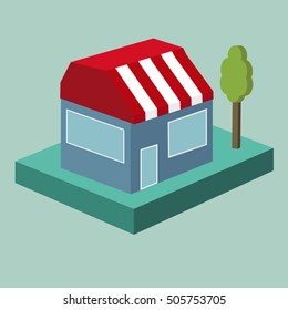 Isometric shop building, vector illustration flat design
