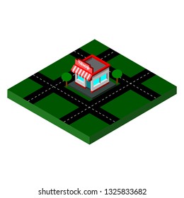 Isometric Shop Icon On the green area in the city.3D