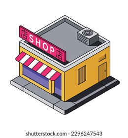 Isometric shop illustration with Japan sign "Store", vector lined art.