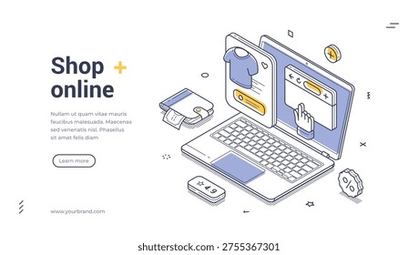 Isometric shop online banner template. Vector illustration of e-commerce and digital marketing. Modern concept for a website landing page, online store, or mobile application presentation