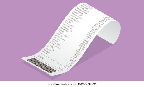 Isometric shop receipt, realistic isolated vector illustration. Curled paper payment bill with barcode, goods and their price for credit card or cash transaction