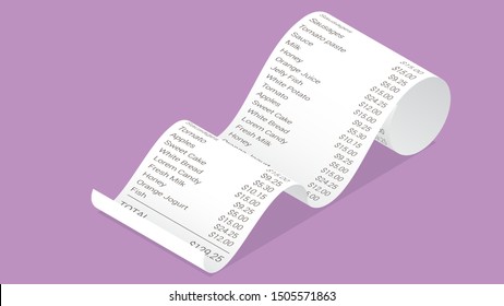 Isometric shop receipt, realistic isolated vector illustration. Curled paper payment bill with barcode, goods and their price for credit card or cash transaction