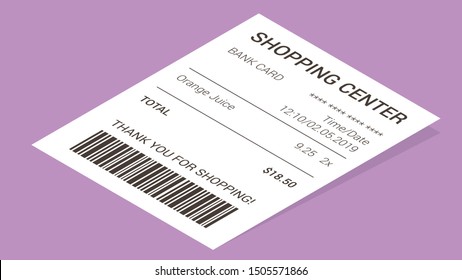 Isometric shop receipt, realistic isolated vector illustration. Straight paper payment bill for credit card with barcode, goods and their price