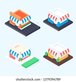 Isometric shop and supermarket. Flat vector illustration set