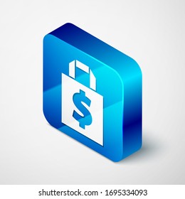 Isometrische Shopingtasche und Symbol für Dollar einzeln auf grauem Hintergrund. Handtaschenzeichen. Frauenbeutel-Symbol. Handtaschenschild für Frauen. Blauer Quadrat-Knopf. Vektorillustration-Illustration