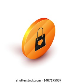 Isometric Shopping bag with heart icon isolated on white background. Shopping bag shop love like heart icon. Valentines day symbol. Orange circle button. Vector Illustration