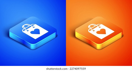 Isometric Shopping bag with heart icon isolated on blue and orange background. Shopping bag shop love like heart icon. Valentines day symbol. Square button. Vector