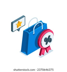 isometric shopping bag and reward icon with percentage, in color on white background, sale or holiday discounts