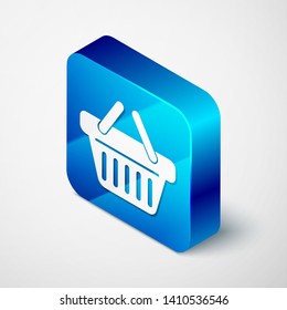 Isometric Shopping basket icon isolated on white background. Blue square button. Vector Illustration