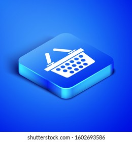 Isometric Shopping basket icon isolated on blue background. Online buying concept. Delivery service sign. Shopping cart symbol. Blue square button. Vector Illustration