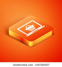 Isometric Shopping basket on screen laptop icon isolated on orange background. Concept e-commerce, e-business, online business marketing.  Vector Illustration