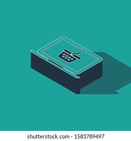 Isometric Shopping basket on screen laptop icon isolated on green background. Concept e-commerce, e-business, online business marketing.  Vector Illustration
