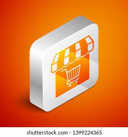 Isometric Shopping building or market store with shopping cart icon isolated on orange background. Shop construction. Supermarket basket symbol. Silver square button. Vector Illustration