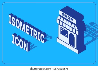 Isometric Shopping building or market store icon isolated on blue background. Shop construction.  Vector Illustration
