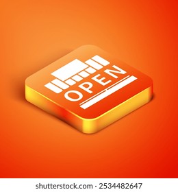 Isometric Shopping building or market store and text open icon isolated on orange background. Shop construction.  Vector Illustration