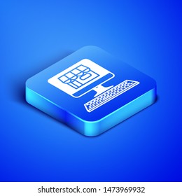 Isometric Shopping building on screen computer icon isolated on blue background. Concept e-commerce, e-business, online business marketing. Blue square button. Vector Illustration
