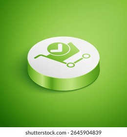 Carrinho de compras isométrico com ícone de marca de seleção isolado no fundo verde. Cesta de supermercado com aprovado, confirmar, assinalar, completado. Botão de círculo branco. Ilustração de vetor