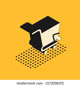 Isometric Shopping cart with cursor icon isolated on yellow background. Online buying concept. Delivery service sign. Supermarket basket symbol.  Vector Illustration