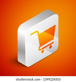Isometric Shopping cart icon isolated on orange background. Online buying concept. Delivery service sign. Supermarket basket symbol. Silver square button. Vector Illustration