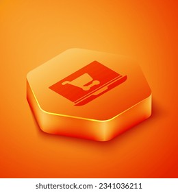 Isometric Shopping cart on screen laptop icon isolated on orange background. Concept e-commerce, e-business, online business marketing. Orange hexagon button. Vector Illustration