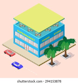 Isometric shopping center with supermarket, foods store and rooftop cafe. There are cars and palm trees beside this. Vector illustration for your design.