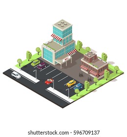 Isometric shopping center template with mall and cafe buildings colorful cars on parking zone and green trees vector illustration