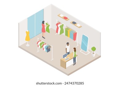 Isometric shopping concept. Clothing store scene. People choose and buy clothes isometry.