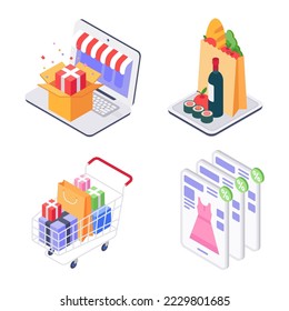 Isometric shopping concept, online order food and clothers. Vector store commerce payment, shopping sale design, ecommerce service illustration