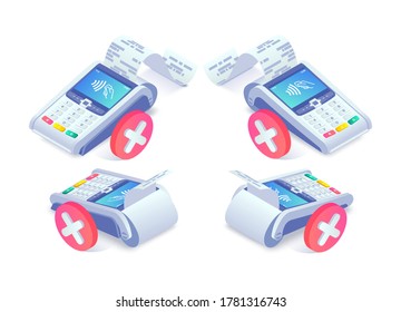 Isometrisches Shopping, fehlerfreie Zahlungen per Smartphone Concept Set. 3D-Zahlungsterminal mit rotem Häkchen. Ungültige NFC-Zahlung storniert. Vektor Flat Payment Machine.