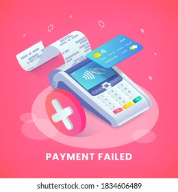 Isometric shopping, error contactless payments banner. 3d payment terminal with red cross checkmark concept. Cashless NFC payment transaction canceled. Vector Flat payments machine.