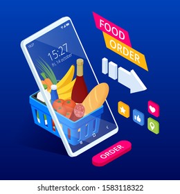 Isometric Shopping Groceries Online Supermarket With Her Mobile Phone. Health Food Delivery Online Service.