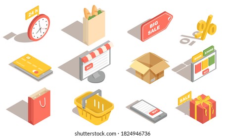 Isometric shopping icons set. Online shopping for e-commerce contests. 3d isometric online store, infographics icon set. Shopping icons for store or supermarket. Vector illustration