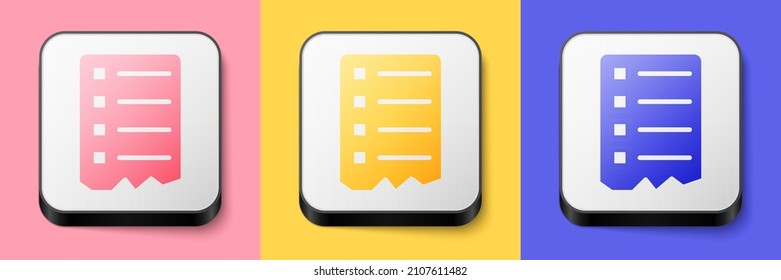 Isometrische Shopping-Liste Symbol einzeln auf rosafarbenem, gelbem und blauem Hintergrund. Knopf Quadrat. Vektorgrafik