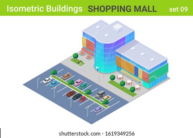 Isometric Shopping Mall Center Building With Cars On Parking Flat Vector Collection.