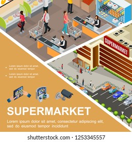 Isometric shopping mall concept with supermarket building exterior cars on parking customers cashier in hypermarket hall video camera and surveillance system vector illustration