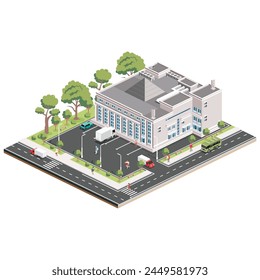 Isometric shopping mall. Infographic element. Supermarket building. Vector illustration. People, trucks and trees with green leaves isolated on white background.