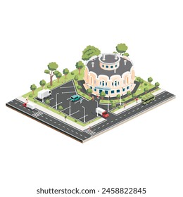 Isometric shopping mall. Infographic element. Supermarket building. Vector illustration. People, trucks and trees with green leaves isolated on white background.