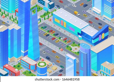 Isometric Shopping Mall in smart City with Skyscrapers buildings, streets, cars Flat vector illustration