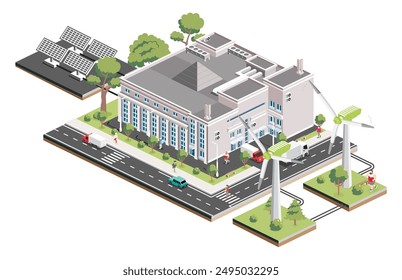 Isometric shopping mall with solar panels and wind turbine. Infographic element. Supermarket building. Vector illustration. People, trucks and trees with green leaves isolated on white background.