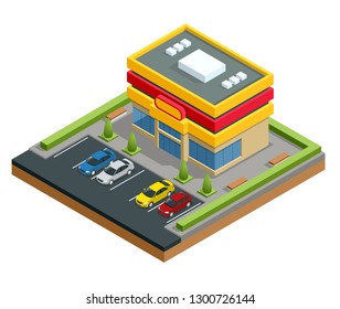 Isometric shopping mall or store. Parking and shopping in city vector illustration