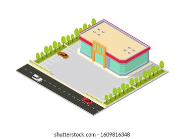 isometric shopping mall or supermarket building icon, vector illustrations
