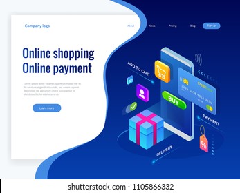 Isometric shopping online and payment online concepts. Internet payments, protection money transfer, online bank vector illustration