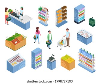 Isometric shopping people. Customers with baskets or trolley carts. Woman at supermarket checkout. Store furniture with products vector set. Shelves, counters and weighing machine in grocery shop