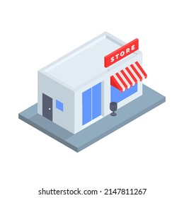 Isometric shopping store exterior with awning street board advertising minimalist 3d icon vector illustration. Architecture business building facade. Market, supermarket, mall, commerce retail