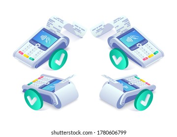 Isometric shopping, successful contactless payment via smartphone approved concept set. 3d payment terminal with green yes tick mark. Success cashless NFC payment transaction. Vector payments machine