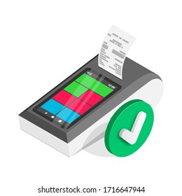Isometric shopping, successful contactless payments approved concept. 3d smart payment terminal with green yes tick mark. Wireless online cash desk tablet with check isolated. Vector payments machine