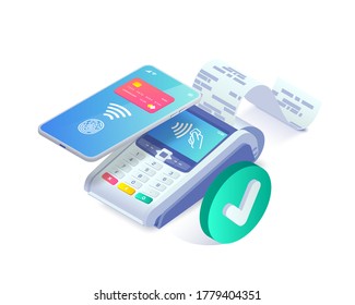 Isometric shopping, successful contactless payments via smartphone approved concept. 3d payment terminal with green yes tick mark. Success cashless NFC payment transaction. Vector payments machine.