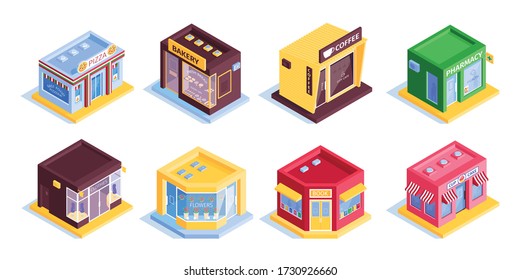 Isometric shops color set with eight isolated images of modern houses store buildings on blank background vector illustration